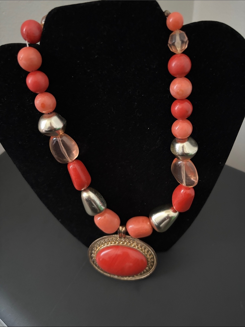 Coral Beaded Statement Necklace - Coral